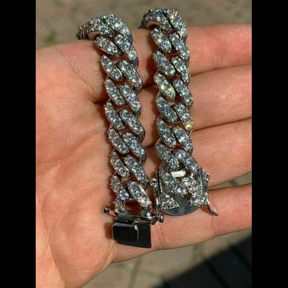 Silver White Iced Out Miami Cuban Bracelet Men Miami Cuban Bracelet White Gold Plated Stainless Steel 12mm Fully Icy Silver